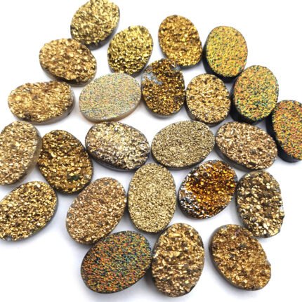 Golden Druzy Oval Cabochon Glitter Loose Gemstone Lot 24 Pcs 10*14 mm 102 CT