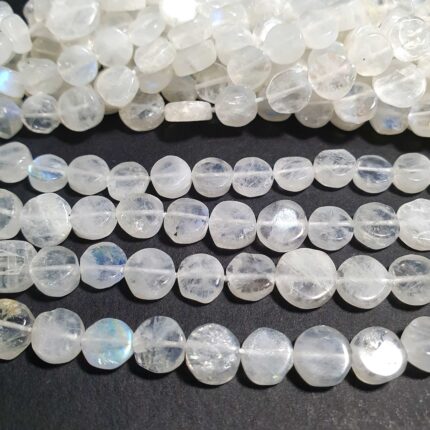Natural Rainbow Moonstone Smooth Round Coin Gemstone Fire Beads 7-10 mm 12 inch