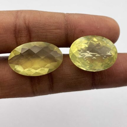 Natural Lemon Quartz Oval Checker Cut Loose Stone Lot 2 Pcs 14*23-15*21 MM 37 CT